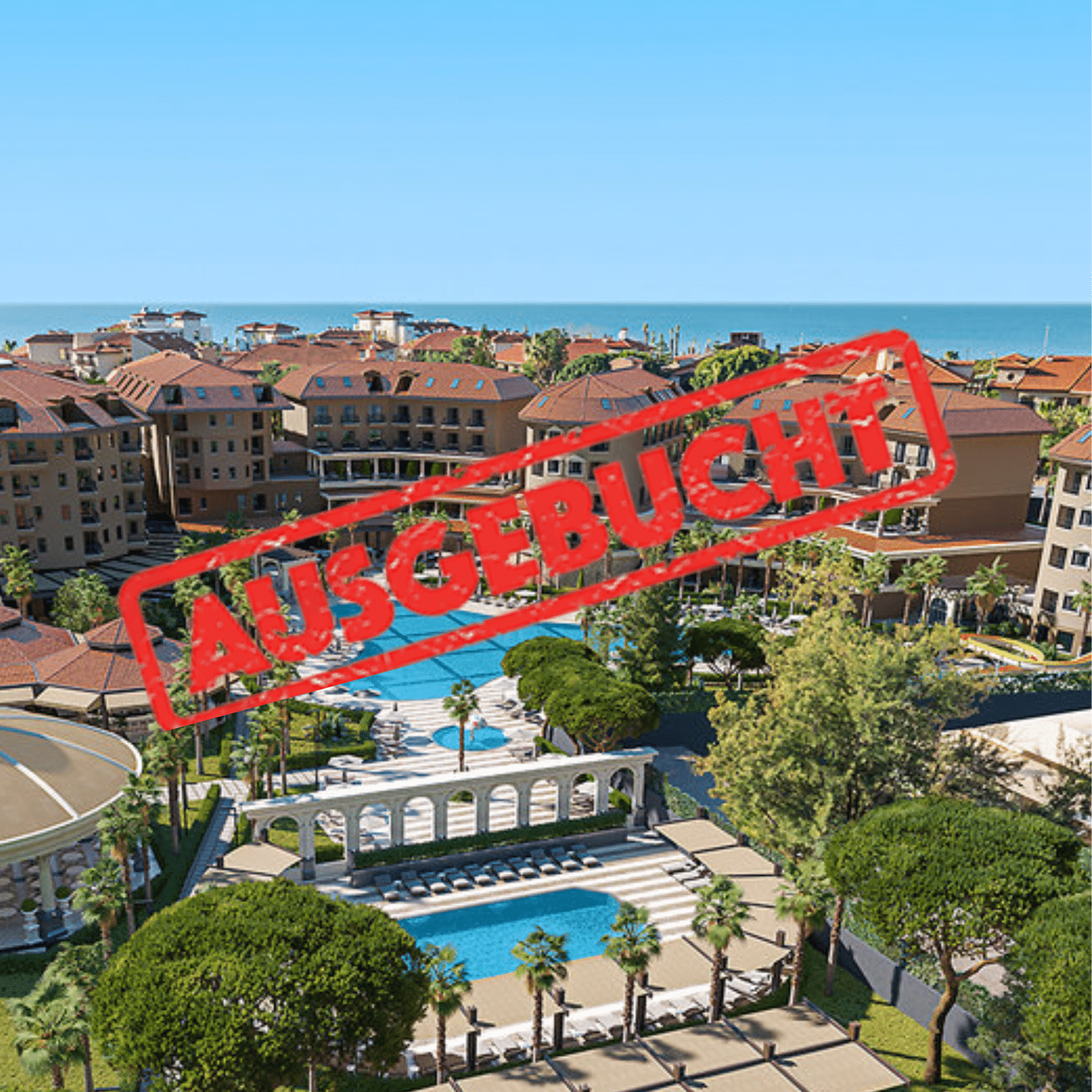 Allsun Numa Hotel in Side Conakli aus der Vogelperspektive, mit rotem Störer: ausgebucht