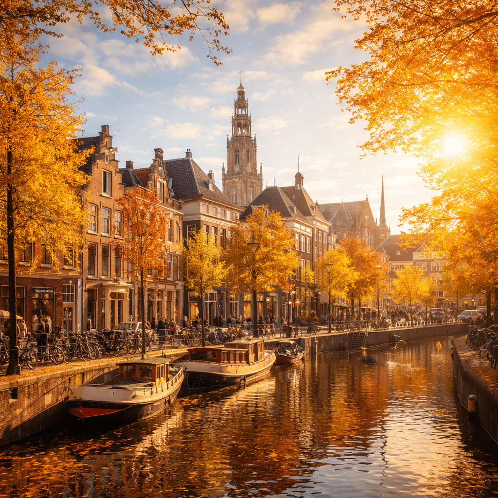 Groningen mit Kirche in der Herbstsonne, Blick von Brücke über Gracht