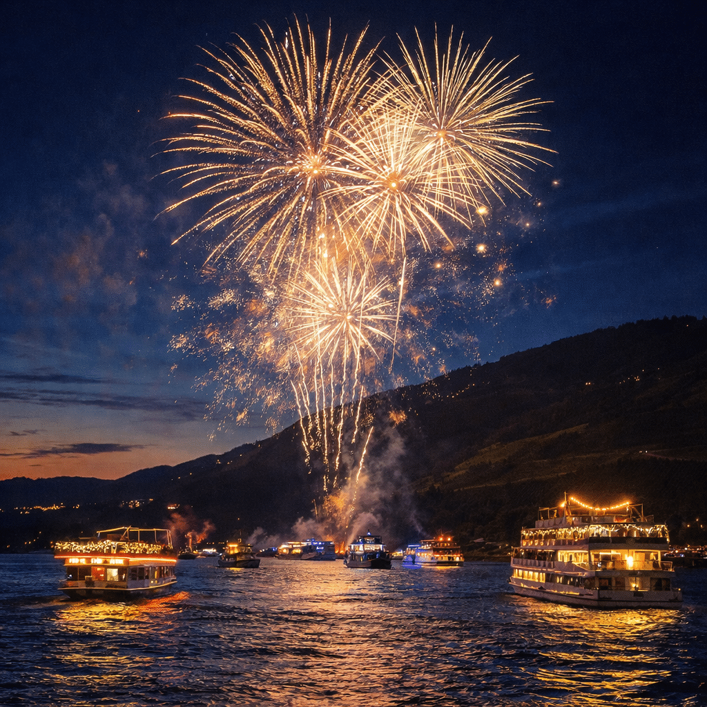 Feuerwerk bei Nacht vor den Weinhängen am Rhein, beleuchtete Schiffe stehen auf dem Wasser